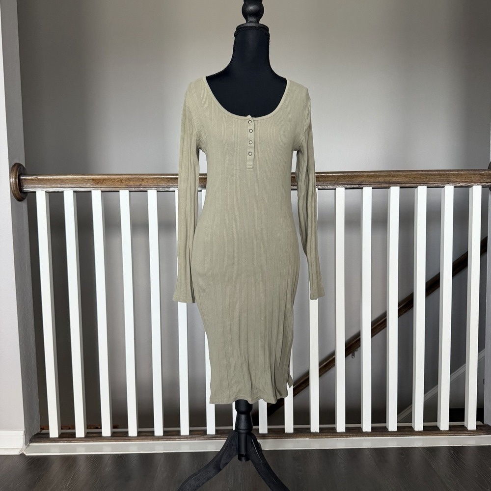 Pact Women's Green Rib Knit Henley Mini Dress Long Sleeve Organic Cotton Medium